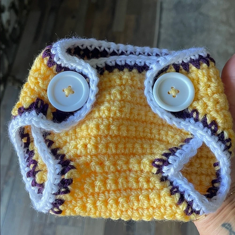 Newborn Handmade Crochet LSU Football Helmet Hat and Diaper Cover Set